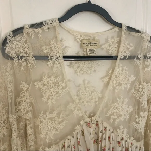 Denim Supply Ralph Lauren Bohemian Printed Tea Dress Lace Flare Sleeves Prairie - Picture 6 of 14